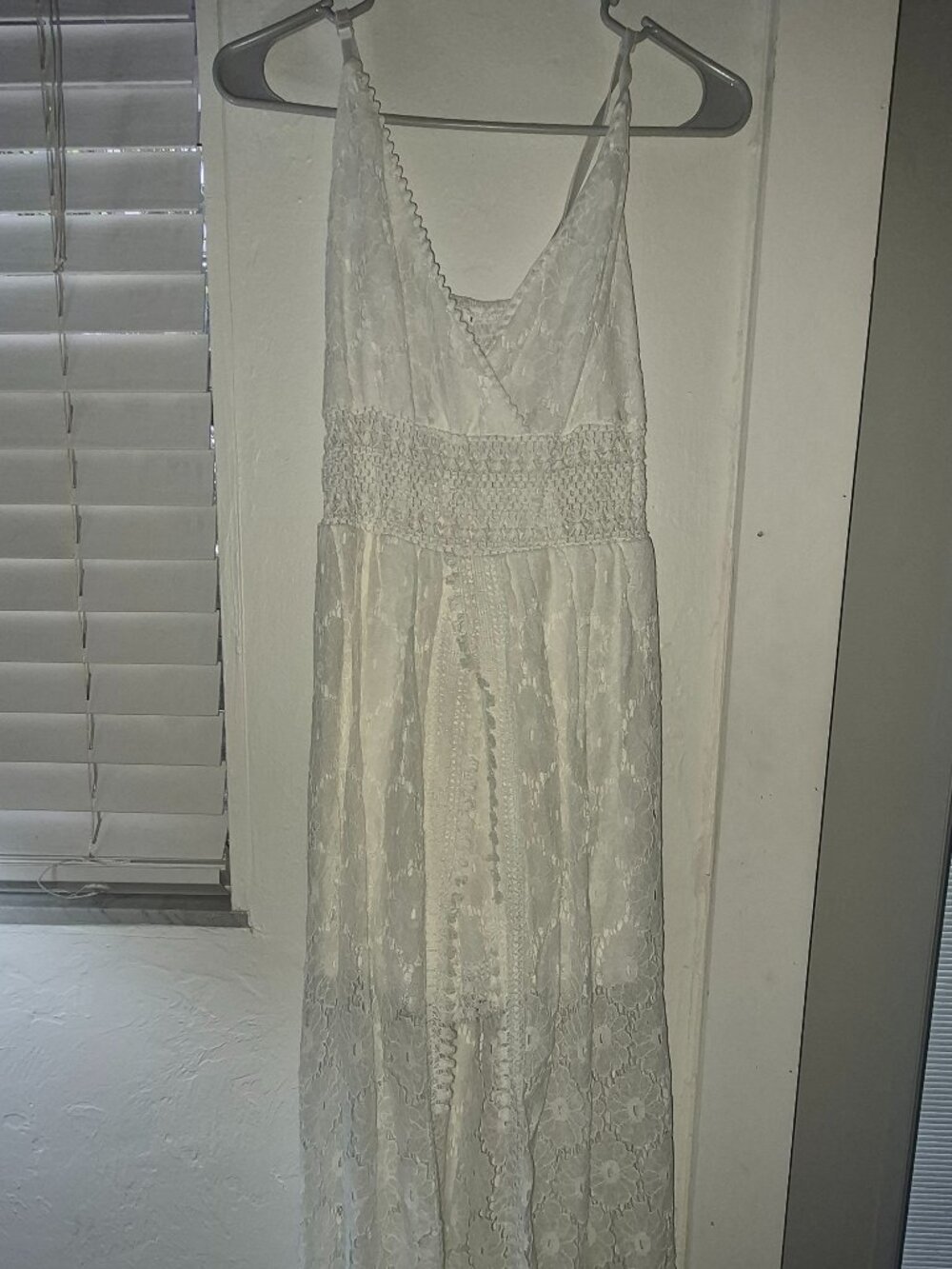 Women's White Lace Asymmetrical Maxi Dress with Smocked Waist
